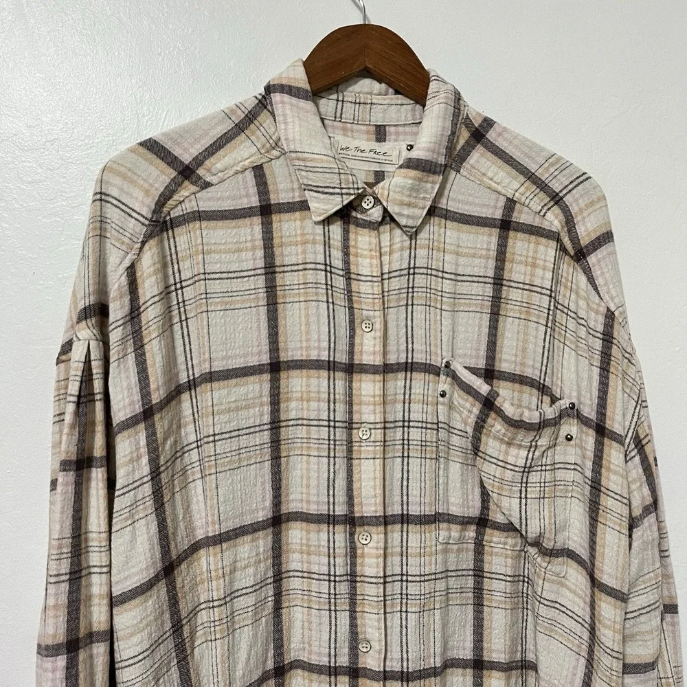 Free People Hidden Valley‎ Plaid Oversized Button Up Shirt Size M Boho Western